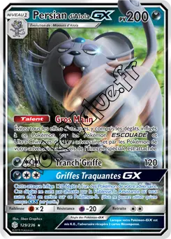 Carte Pokémon Persian d’Alola GX n°129 de la série Éclipse Cosmique