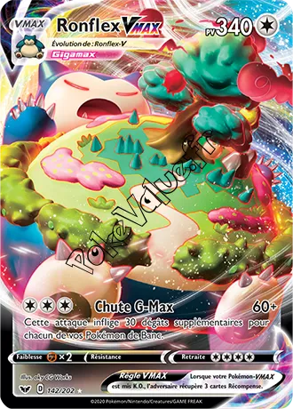 Carte Pokémon Ronflex VMAX  n°142 de la série Épée et Bouclier