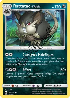 Carte Pokémon Rattatac d’Alola n°77 de la série Soleil et Lune
