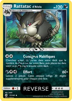 Carte Pokémon Rattatac d’Alola Reverse n°77 de la série Soleil et Lune