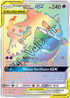 Carte Pokémon Ectoplasma et Mimiqui GX n°186 de la série Duo de Choc